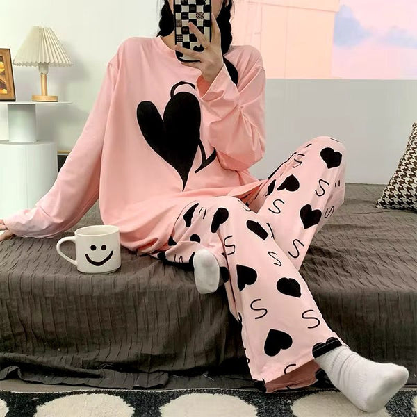 PINK BIG  HEART PRINTED NIGHT WEAR FULL SLEEVES