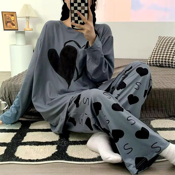 GREY BIG  HEART PRINTED NIGHT WEAR FULL SLEEVES