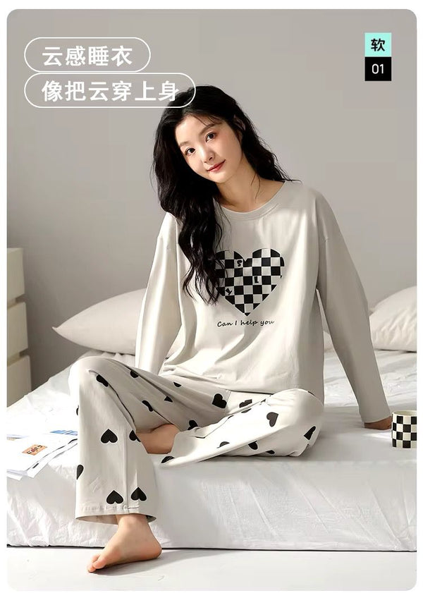 CHECKED HEARTED PRINTED NIGHT WEAR FULL SLEEVES