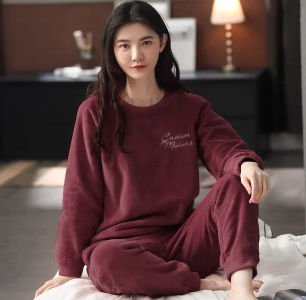 FLEECE LONG SLEEVE PAJAMA SUIT PLAIN BURGUNDY - Ownz.Top