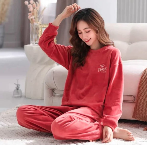 FLEECE LONG SLEEVE PAJAMA SUIT SHADED RED - Ownz.Top