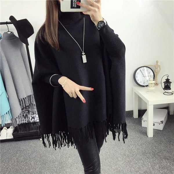 Women's Plain Black Poncho