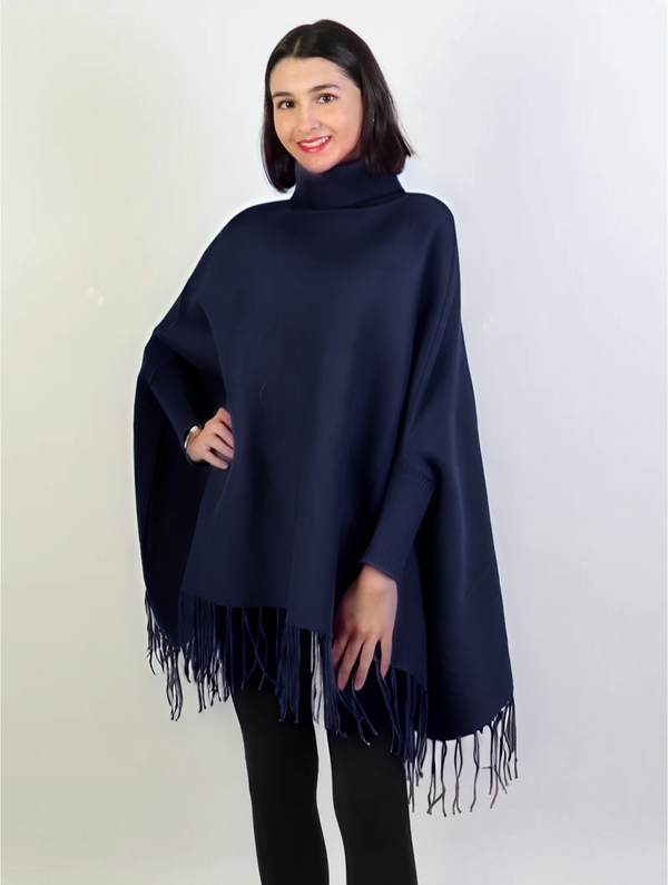 Women's Plain Navy Blue Poncho