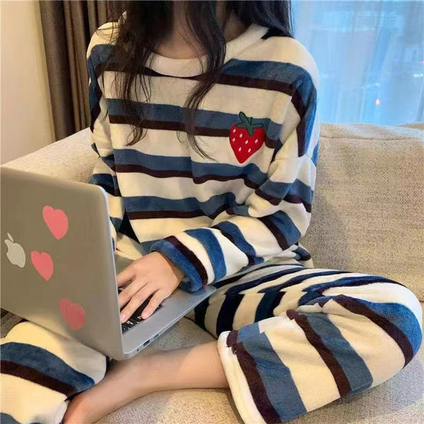 FLEECE LONG SLEEVE PAJAMA SUIT BLUE STRIPES - Ownz.Top