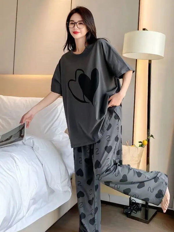 GREY BIG  HEART PRINTED NIGHT WEAR