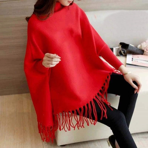 Women's Plain Red Poncho